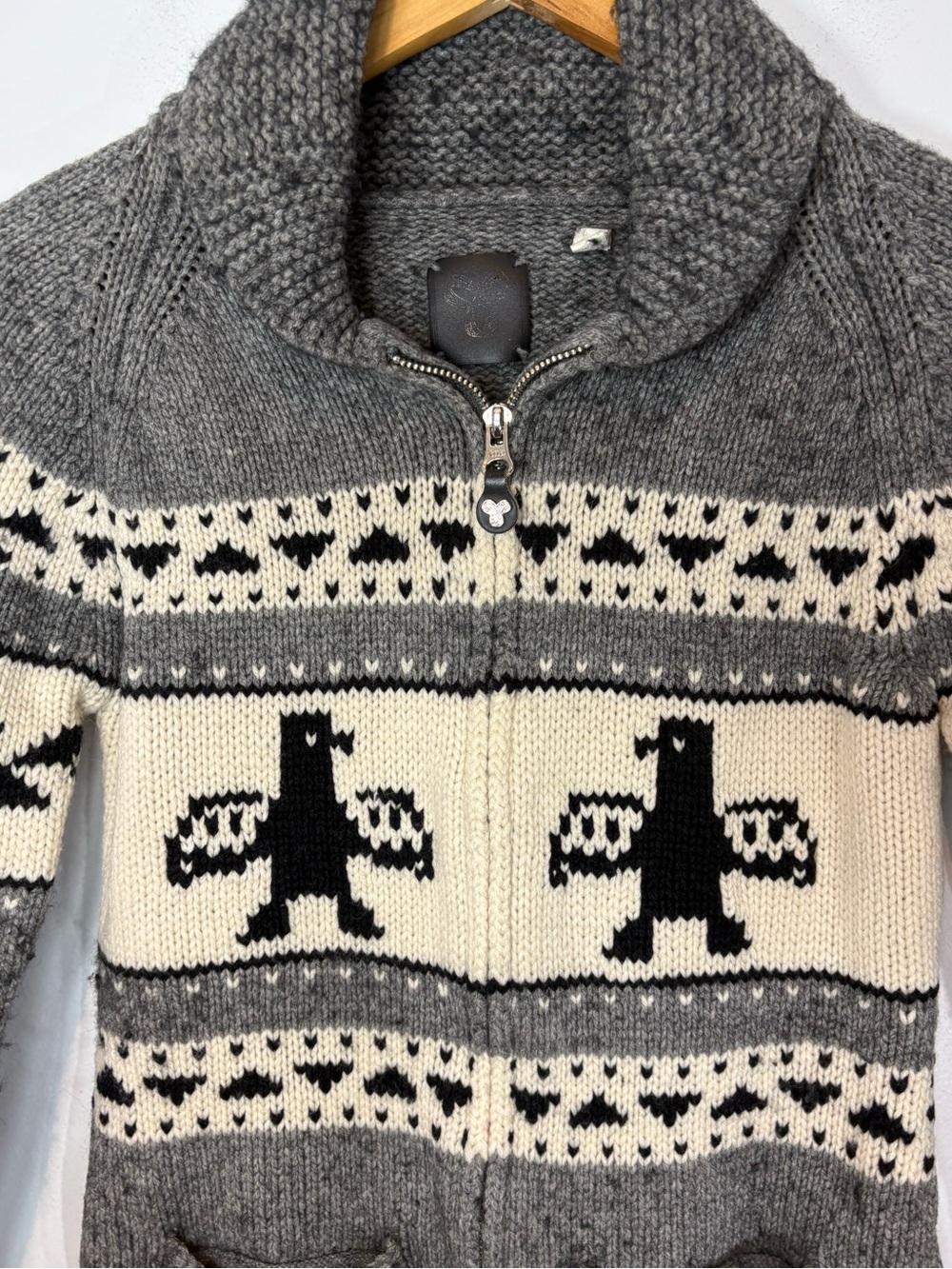 Aritzia TNA Lambswool Zip-Up Sweater Grey Bird Print Small - Picture 12 of 13